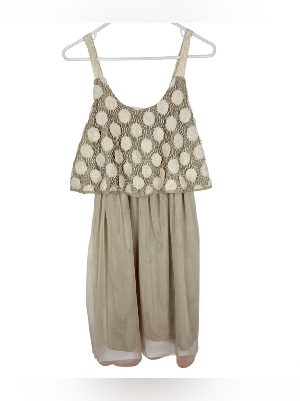 A'Reve Dress Size Medium Crochet Beige Tulle Chiffon Overlay Mini Cottagecore